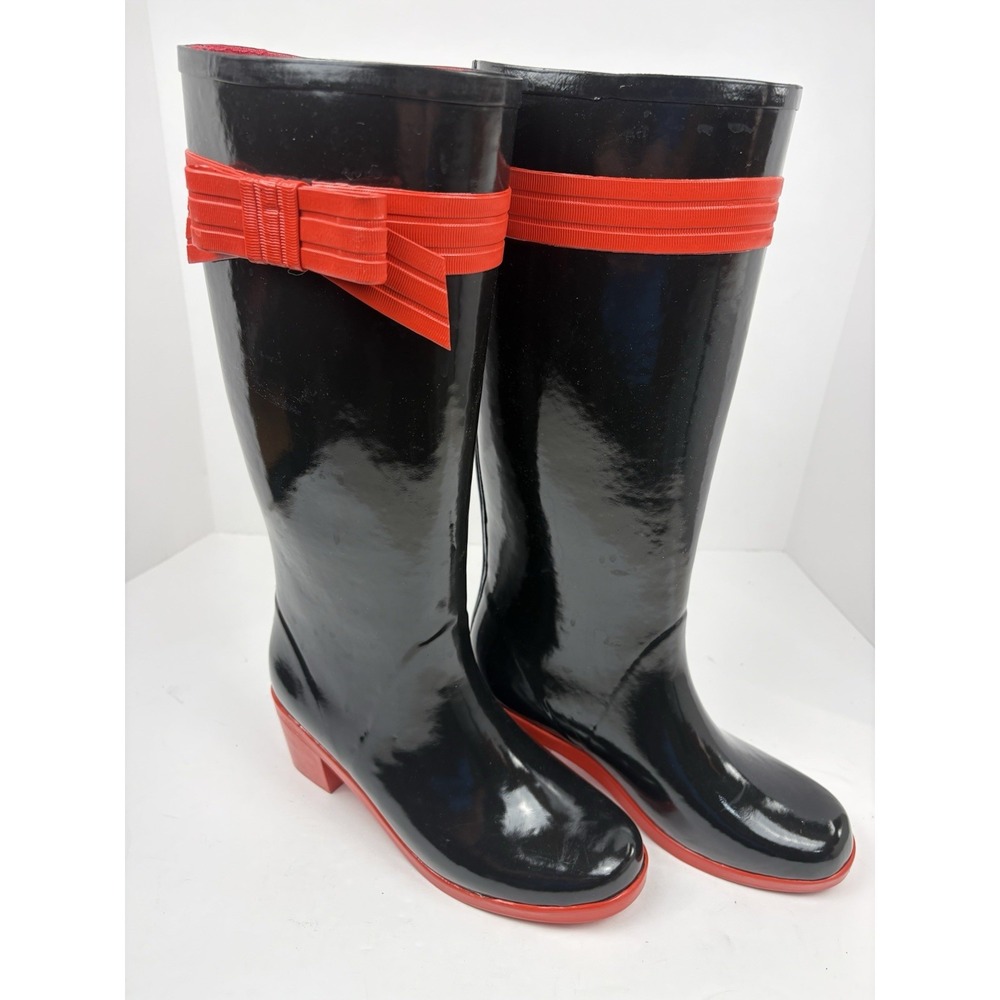 Kat Spade New York Black Rubber Knee High Pull On Rain Boots Red Bow. Women's 8.